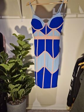 Blue and Light Blue Colorblock Mini Dress with Pink Trim